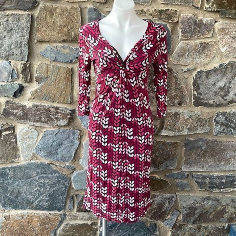 Boden 3/4 Sleeve Twist Front Dress in Brown, Pink & White Size 8 Regular